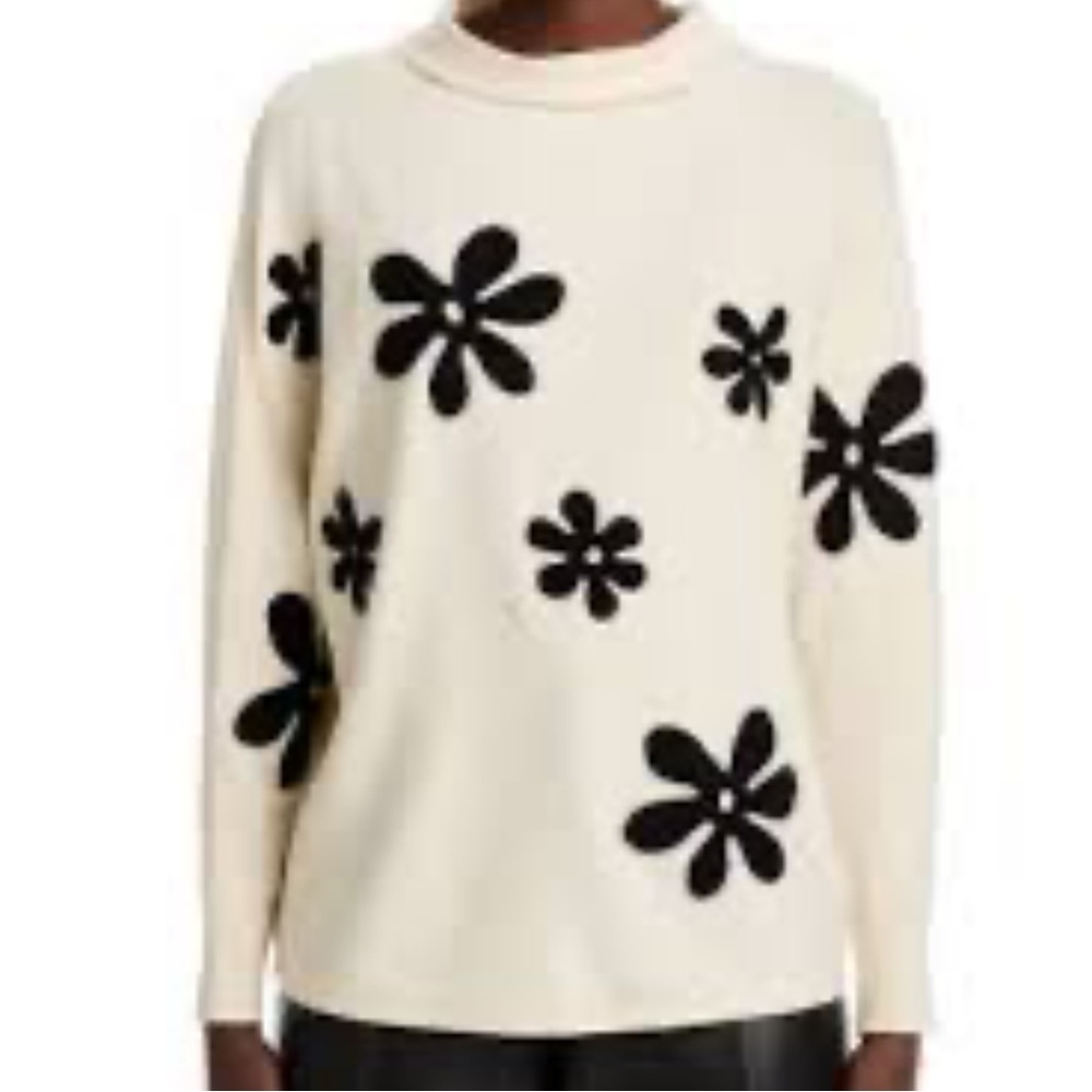 Sioni Cream Sweater w/Black Floral Appliqués, Size Small
